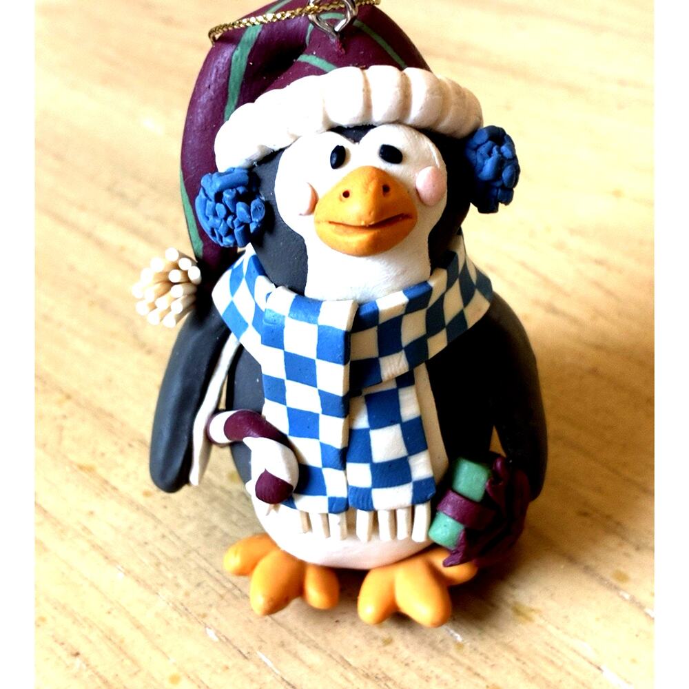 Polymer Clay Penguin Santa Christmas Ornament Bell Winter Scarf Holiday Tree
